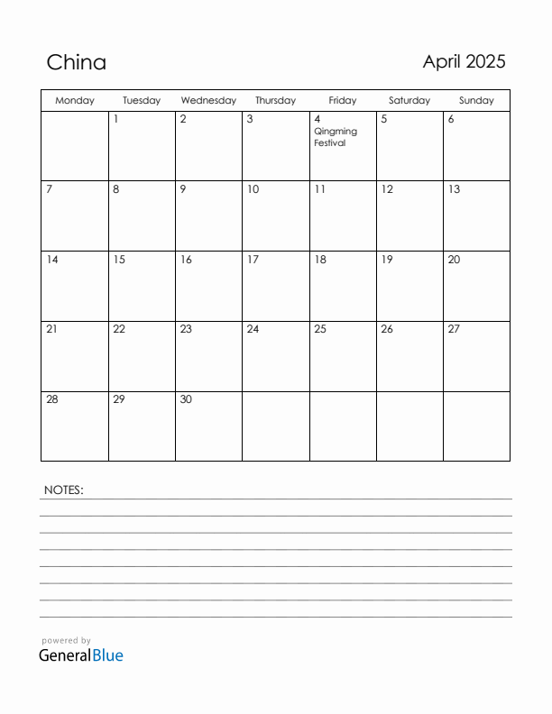 April 2025 China Calendar with Holidays (Monday Start)