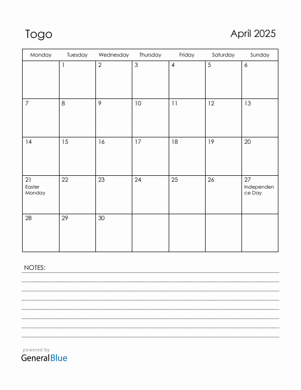 April 2025 Togo Calendar with Holidays (Monday Start)