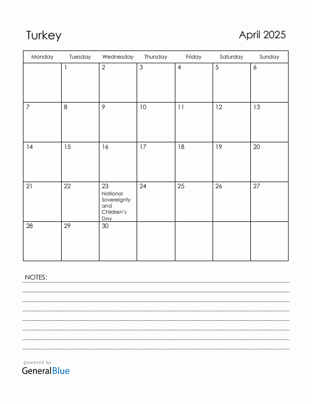 April 2025 Turkey Calendar with Holidays (Monday Start)