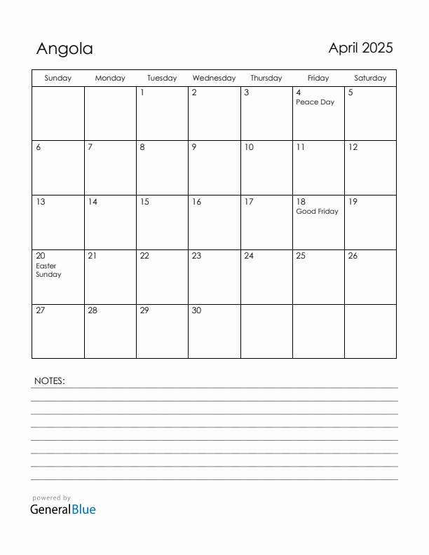 April 2025 Angola Calendar with Holidays (Sunday Start)