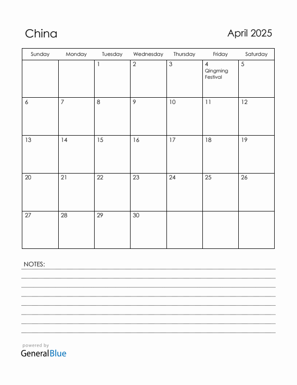 April 2025 China Calendar with Holidays (Sunday Start)