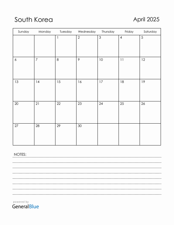 April 2025 South Korea Calendar with Holidays (Sunday Start)