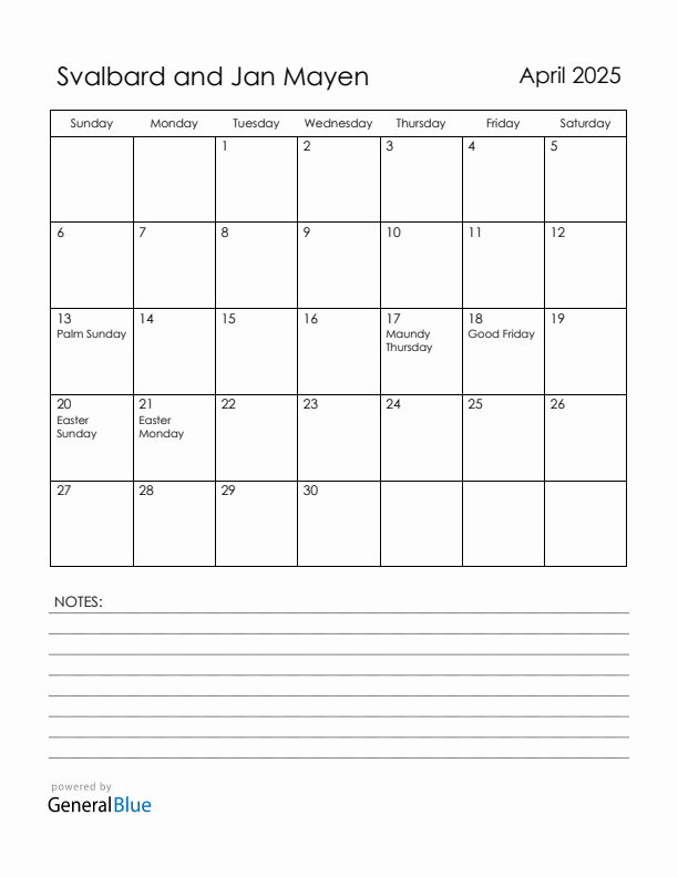 April 2025 Svalbard and Jan Mayen Calendar with Holidays (Sunday Start)