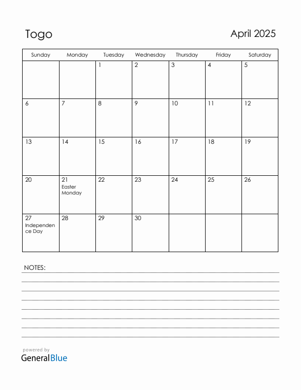 April 2025 Togo Calendar with Holidays (Sunday Start)