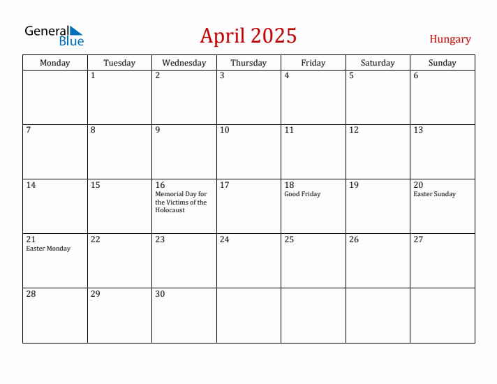 Hungary April 2025 Calendar - Monday Start