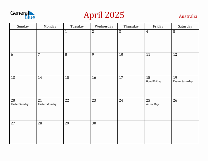 Australia April 2025 Calendar - Sunday Start