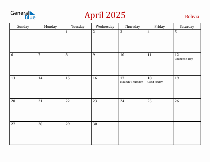 Bolivia April 2025 Calendar - Sunday Start