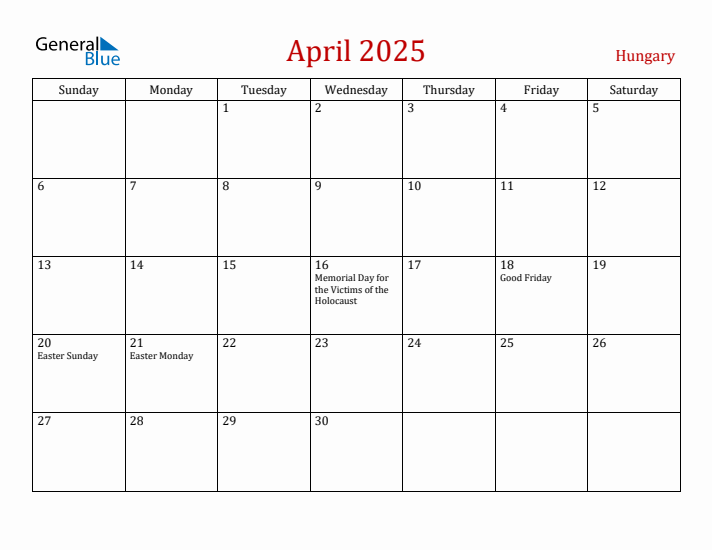 Hungary April 2025 Calendar - Sunday Start