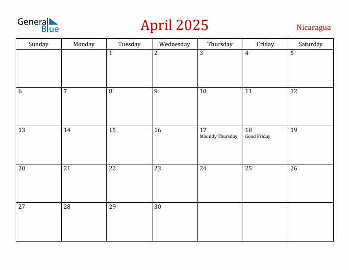 Nicaragua April 2025 Calendar - Sunday Start