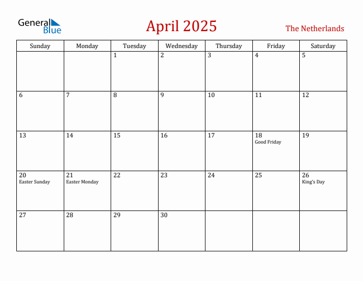 The Netherlands April 2025 Calendar - Sunday Start