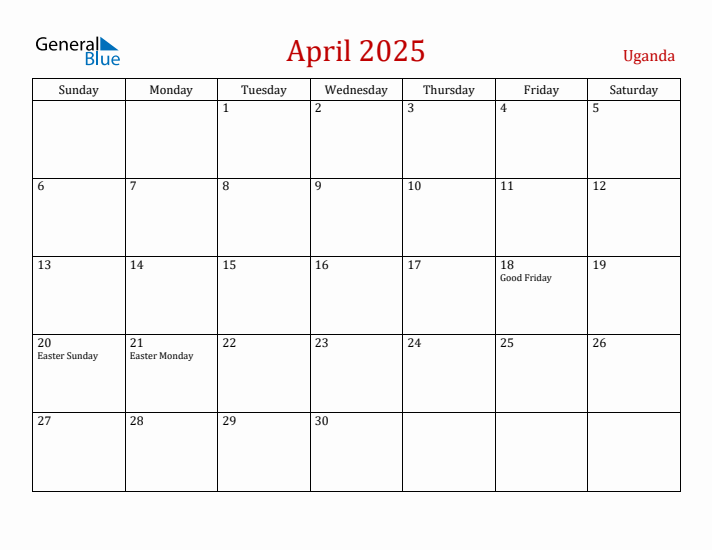 Uganda April 2025 Calendar - Sunday Start