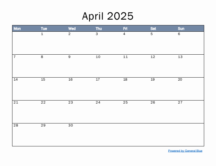 April 2025 Simple Month Calendar Template