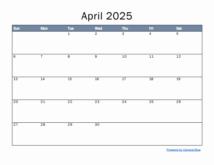 April 2025 Simple Month Calendar Template