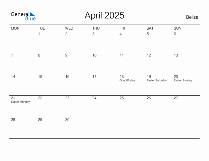 Printable April 2025 Calendar for Belize