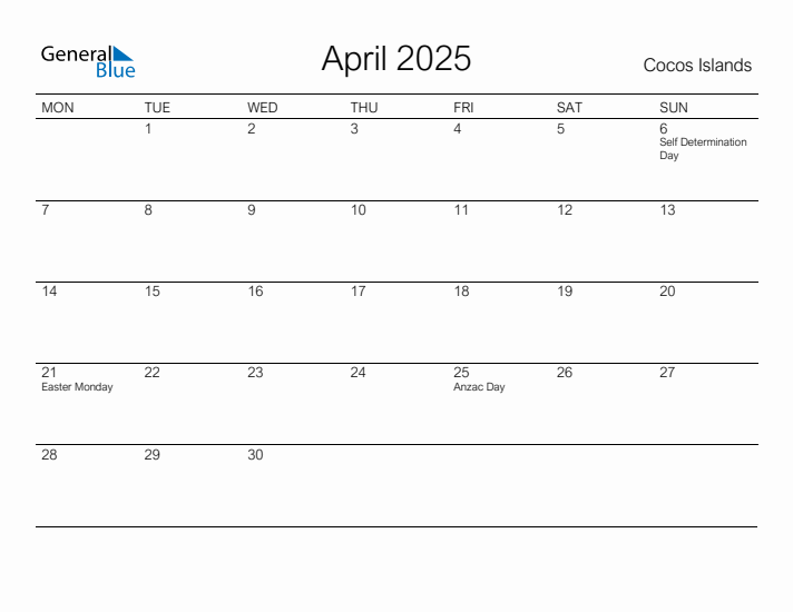 Printable April 2025 Calendar for Cocos Islands