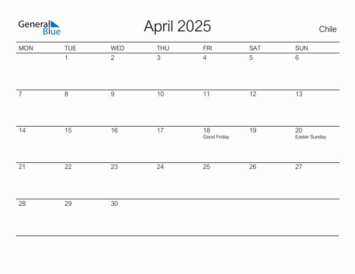 Printable April 2025 Calendar for Chile