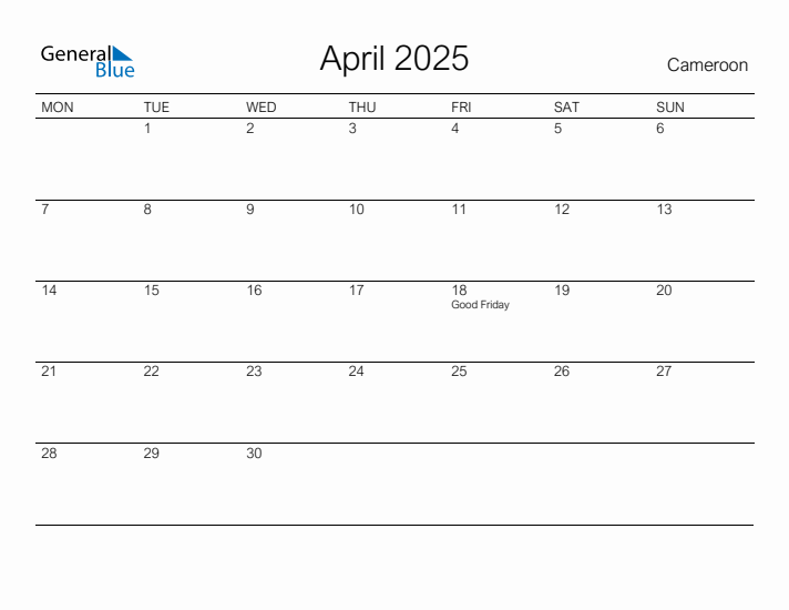 Printable April 2025 Calendar for Cameroon