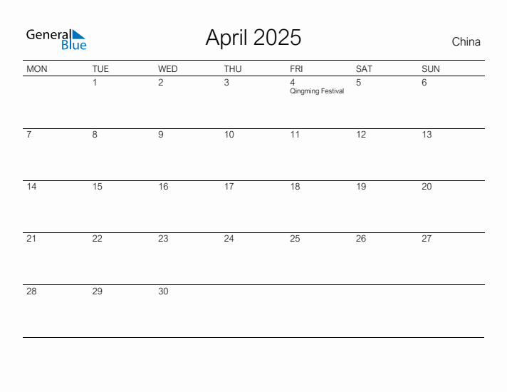 Printable April 2025 Calendar for China