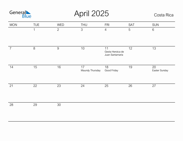 Printable April 2025 Calendar for Costa Rica