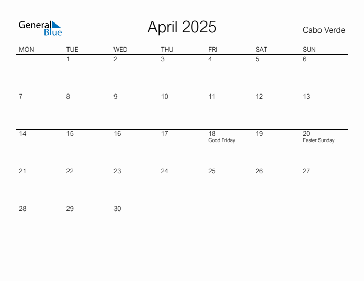 Printable April 2025 Calendar for Cabo Verde