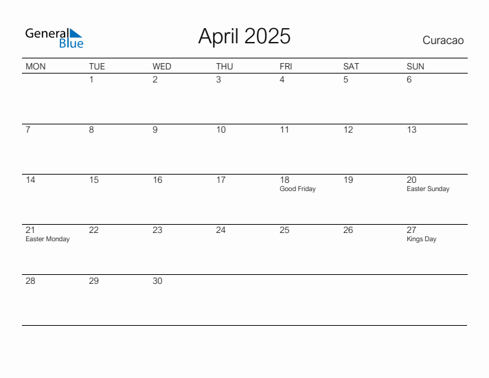 Printable April 2025 Calendar for Curacao