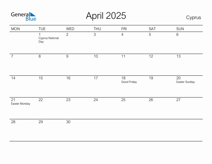 Printable April 2025 Calendar for Cyprus