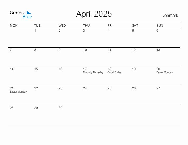 Printable April 2025 Calendar for Denmark