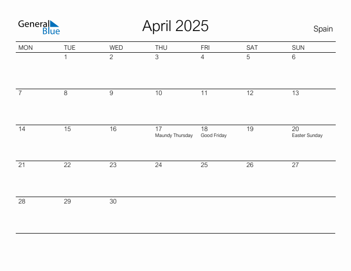 Printable April 2025 Calendar for Spain