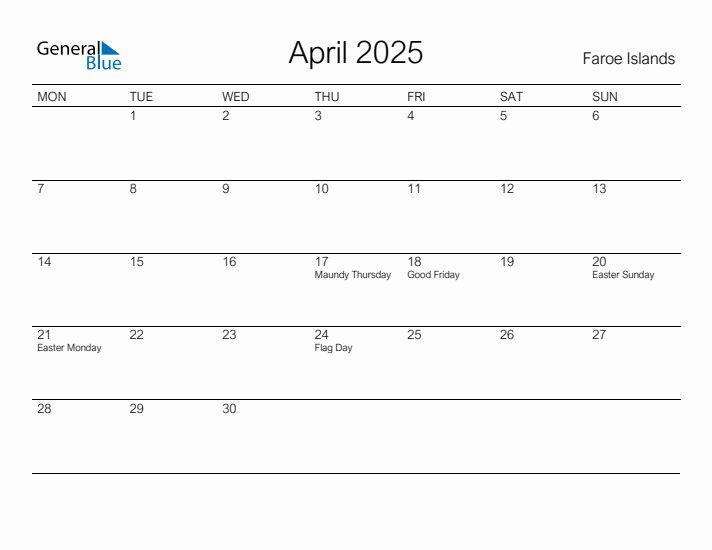 Printable April 2025 Calendar for Faroe Islands