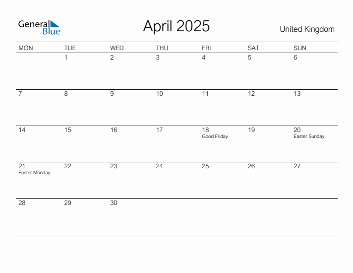 Printable April 2025 Calendar for United Kingdom