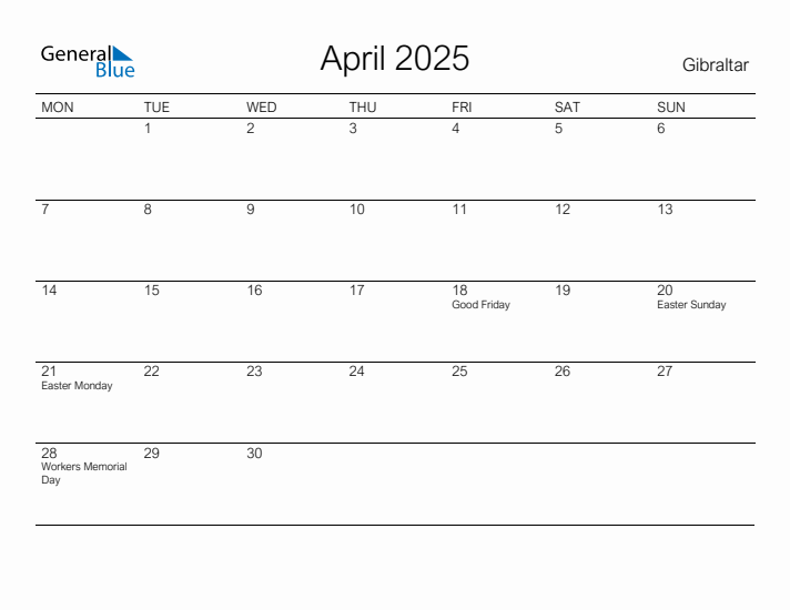 Printable April 2025 Calendar for Gibraltar