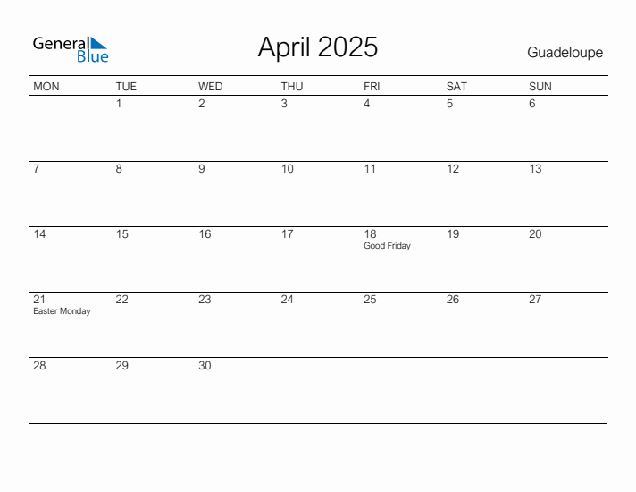 Printable April 2025 Calendar for Guadeloupe