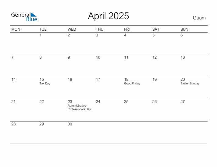 Printable April 2025 Calendar for Guam