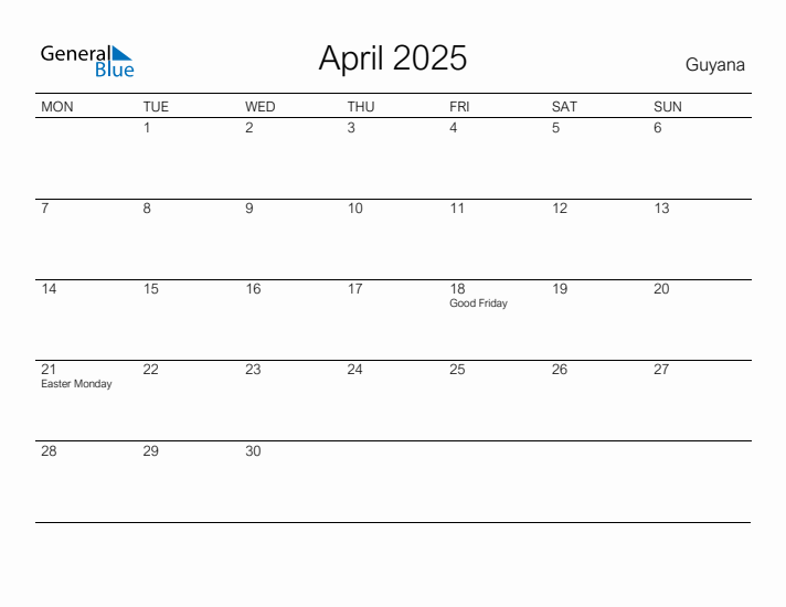 Printable April 2025 Calendar for Guyana