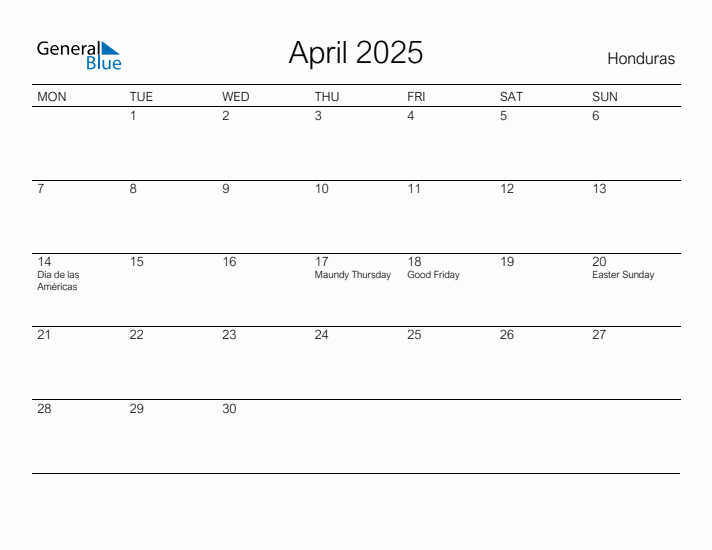 Printable April 2025 Calendar for Honduras