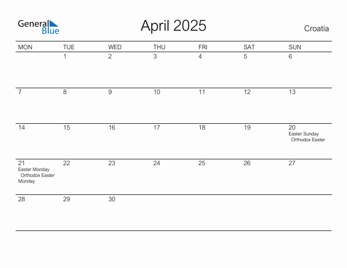 Printable April 2025 Calendar for Croatia