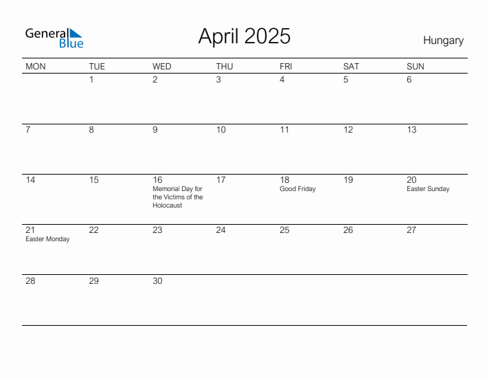 Printable April 2025 Calendar for Hungary