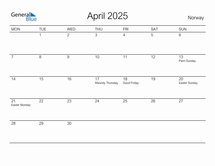 Printable April 2025 Calendar for Norway