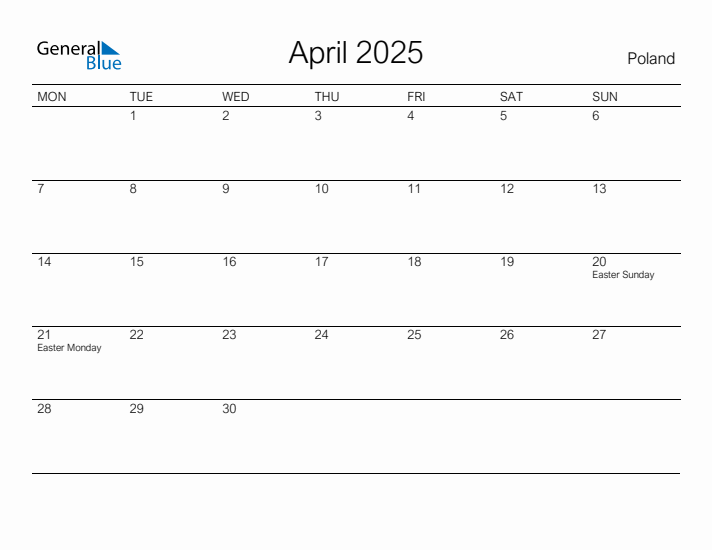 Printable April 2025 Calendar for Poland