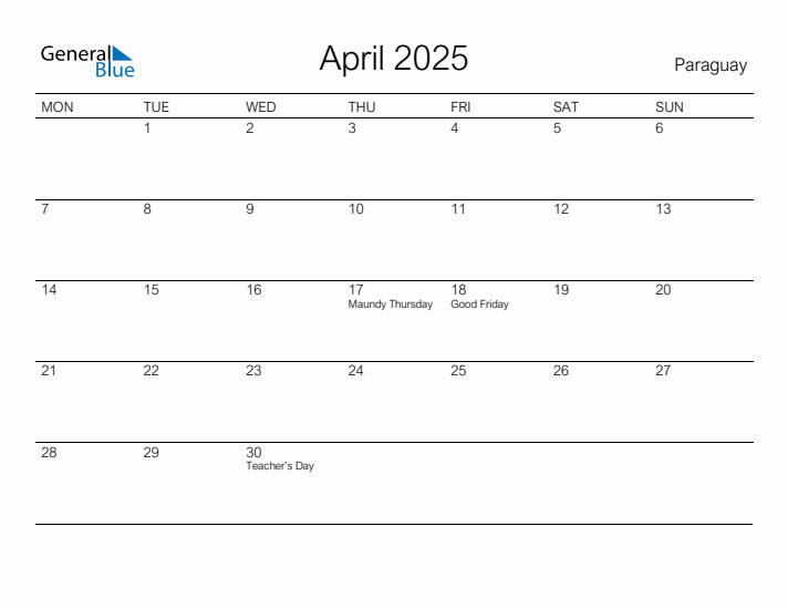 Printable April 2025 Calendar for Paraguay