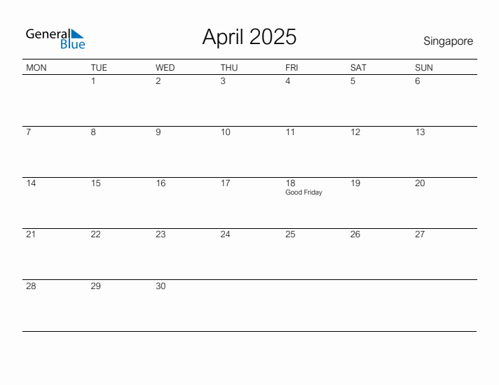 Printable April 2025 Calendar for Singapore