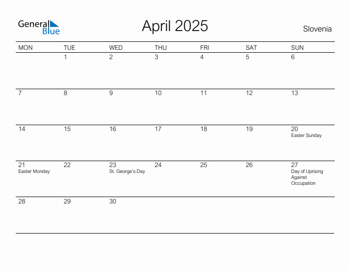 Printable April 2025 Calendar for Slovenia