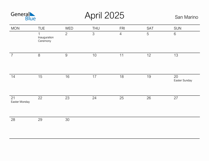 Printable April 2025 Calendar for San Marino