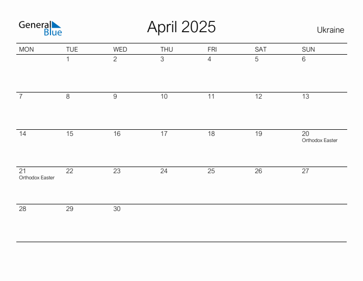 Printable April 2025 Calendar for Ukraine