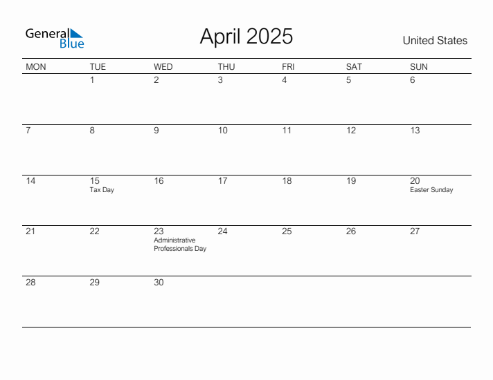 Printable April 2025 Calendar for United States