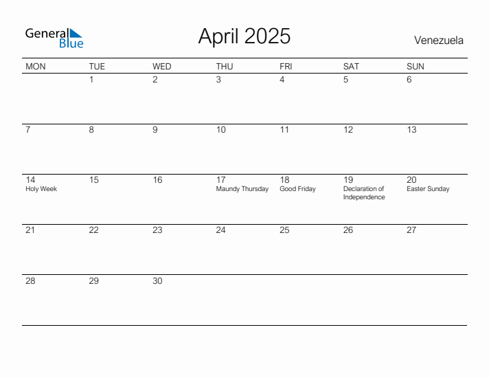 Printable April 2025 Calendar for Venezuela