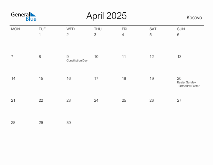 Printable April 2025 Calendar for Kosovo