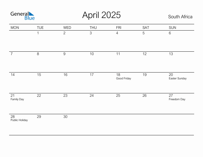 Printable April 2025 Calendar for South Africa