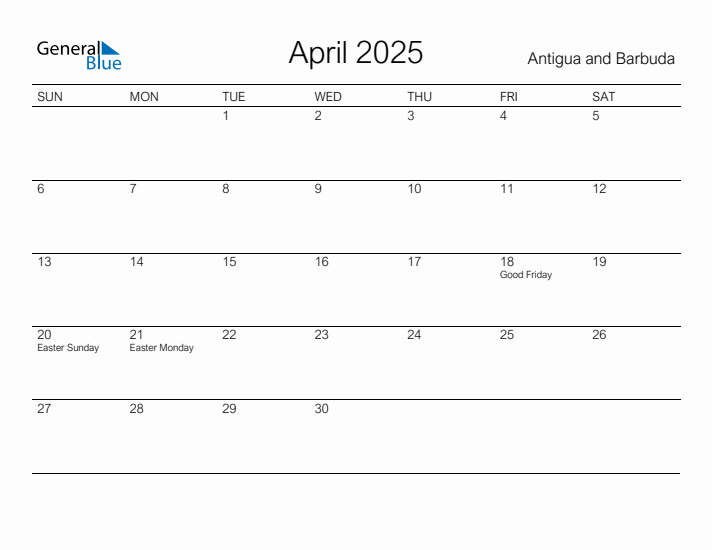 Printable April 2025 Calendar for Antigua and Barbuda