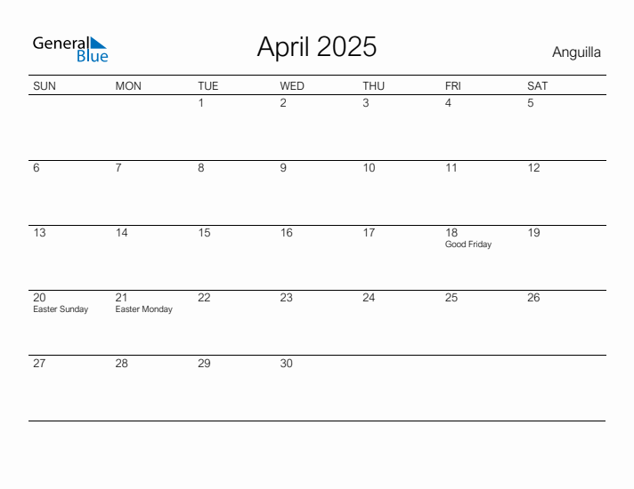 Printable April 2025 Calendar for Anguilla